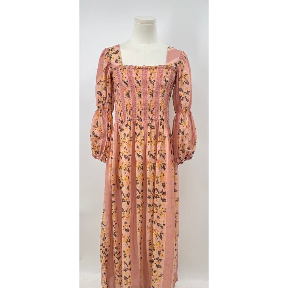 Rachel Antonoff Clark Smocked Floral Pink Maxi Dress Cotton Silk Puff Sleeve S